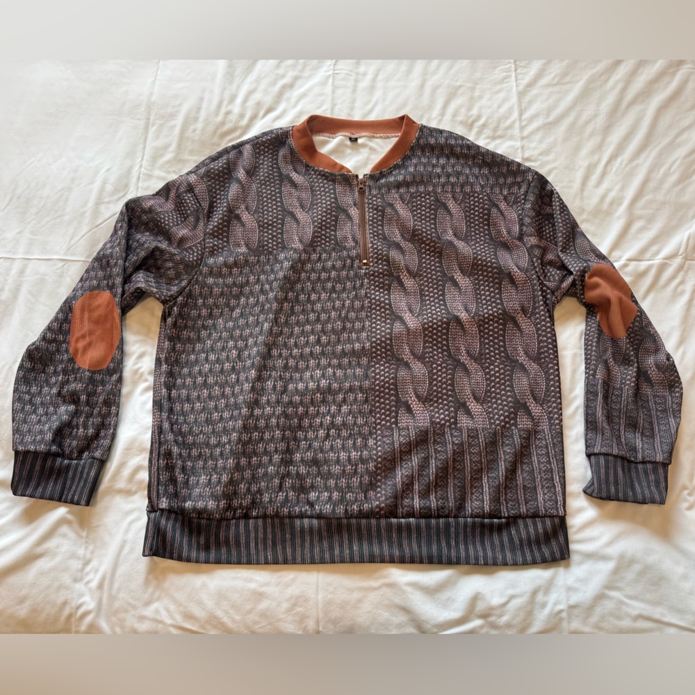 Men’s Brown Quarter Zip Ribbed Top w/ Elbow Patches – Size XL – NEW Without Tags
